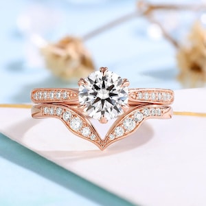 Vintage Round Moissanite Engagement Ring Set - Rose Gold Wedding Ring • Unique Curved Wedding Band • Promise Ring set Women By HenryRocky