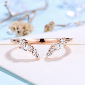 Open wedding band Marquise shaped Moissanite diamond ring Curved band Rose gold ring Round cut ring Prong set ring Anniversary wedding band