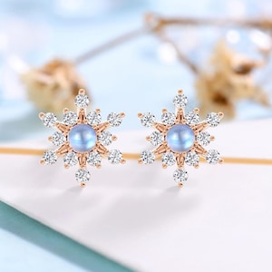 Unique Snowflake Moonstone Earring Studs,14K Rose Gold Round Cut Moonstone Earrings,Dainty Handmade Jewelry,Holiday Wedding Gift For Her