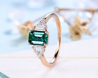 Vintage Lab Emerald Engagement ring Rose gold Art deco Emerald cut Bridal ring Unique Moissanite cluster wedding promise anniversary ring