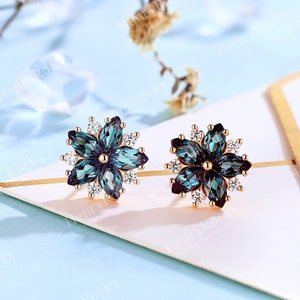 Antique marquise lab alexandrite earrings studs rose gold vintage floral earrings round cut moissanite cluster earrirngs promise earrings