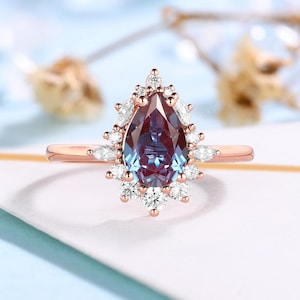 Vintage Alexandrite Engagement Ring,Marquise Moissanite Halo Bridal Ring,Unique Rose Gold Wedding Ring,Anniversary Promise Ring for Women