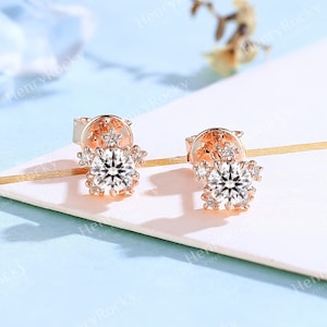 Dainty Round Moissanite earrings studs unique floral diamond earrings rose gold Minimalist halo earrings anniversary promise earrings