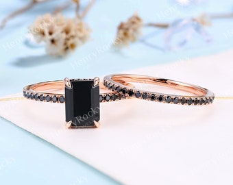 Vintage Black Onyx Engagement Ring Set / Half Eternity ring Emerald Cut Rose gold ring / Black Diamond Wedding ring Set / Anniversary ring