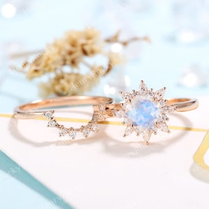 Vintage Moonstone Engagement Ring set Rose Gold Antique Round cut Wedding ring Floral bridal set Moissanite wedding set Anniversary ring set