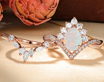 Opal Engagement Ring Set - Twisted Wedding Bridal Set - Diamond Curved Band by HENRYROCKY