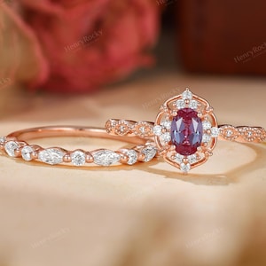 Anillo de compromiso de alejandrita - Anillo nupcial de diamantes, anillo de bodas de oro rosa de HENRYROCKY