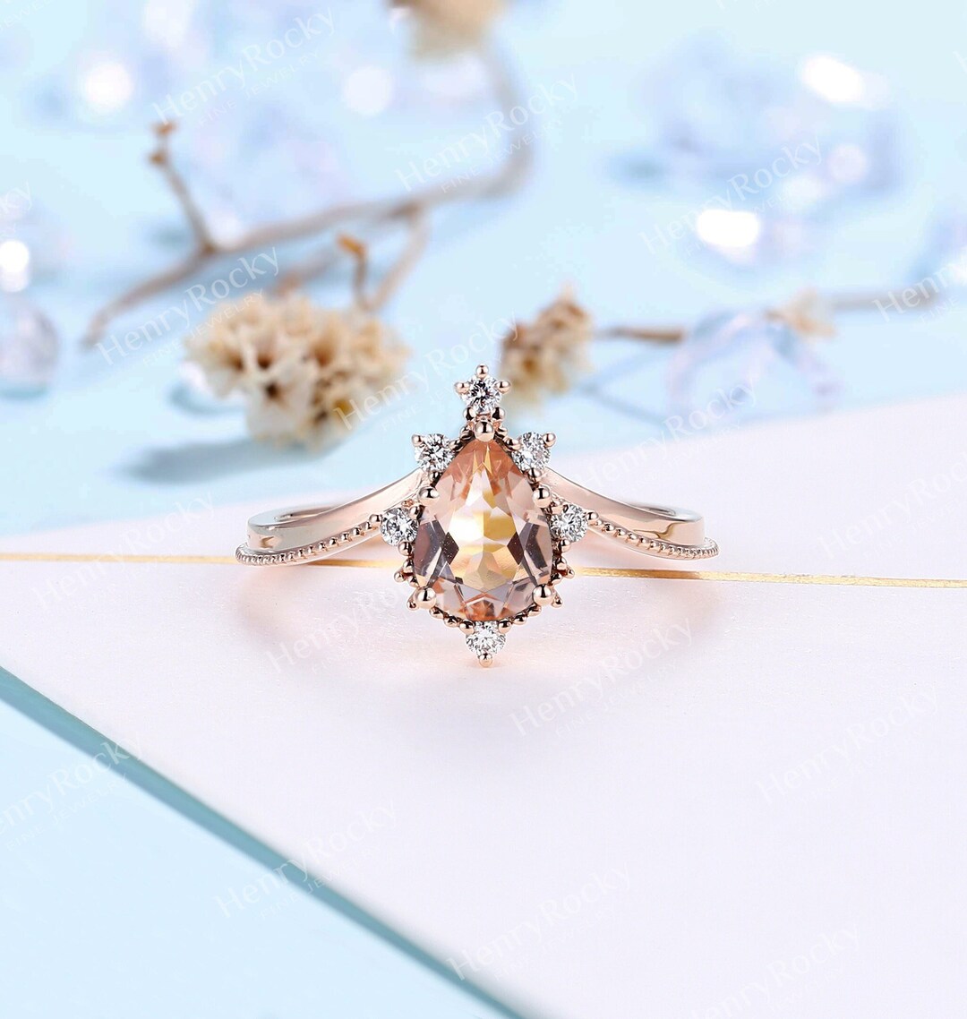 Vintage Morganite Engagement Ring Rose Gold Ring | Pear Shaped Bridal ...