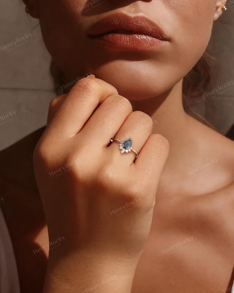 Conjunto de anéis de noivado - Conjunto de alianças com diamantes sal e pimenta, aliança curva da HENRYROCKY imagem 3