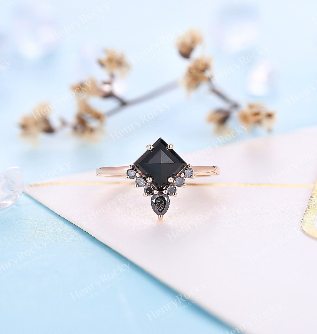 Three-Stone Black Diamond Ring In 14K Yellow Gold For Sale.