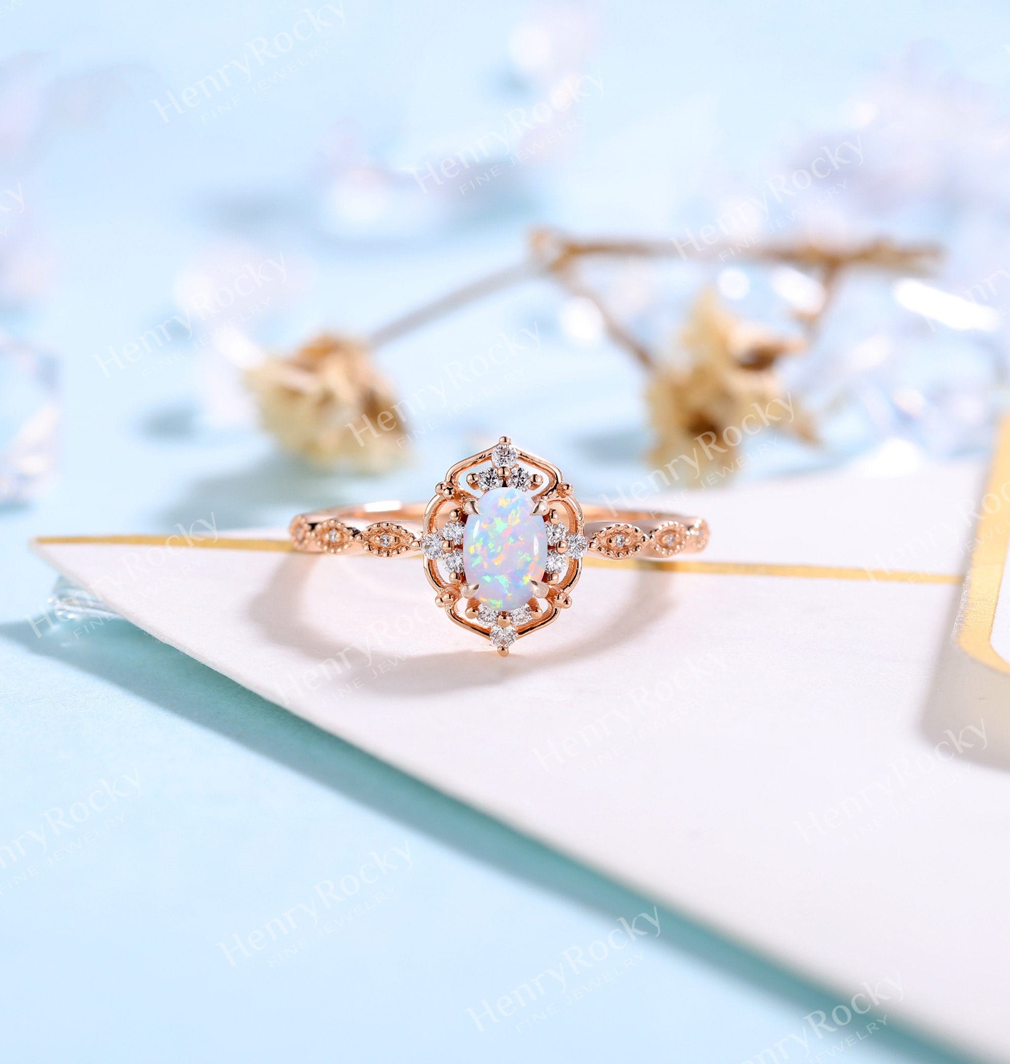 Vintage Lab Opal Engagement Ring Rose Gold Wedding Ring - Etsy