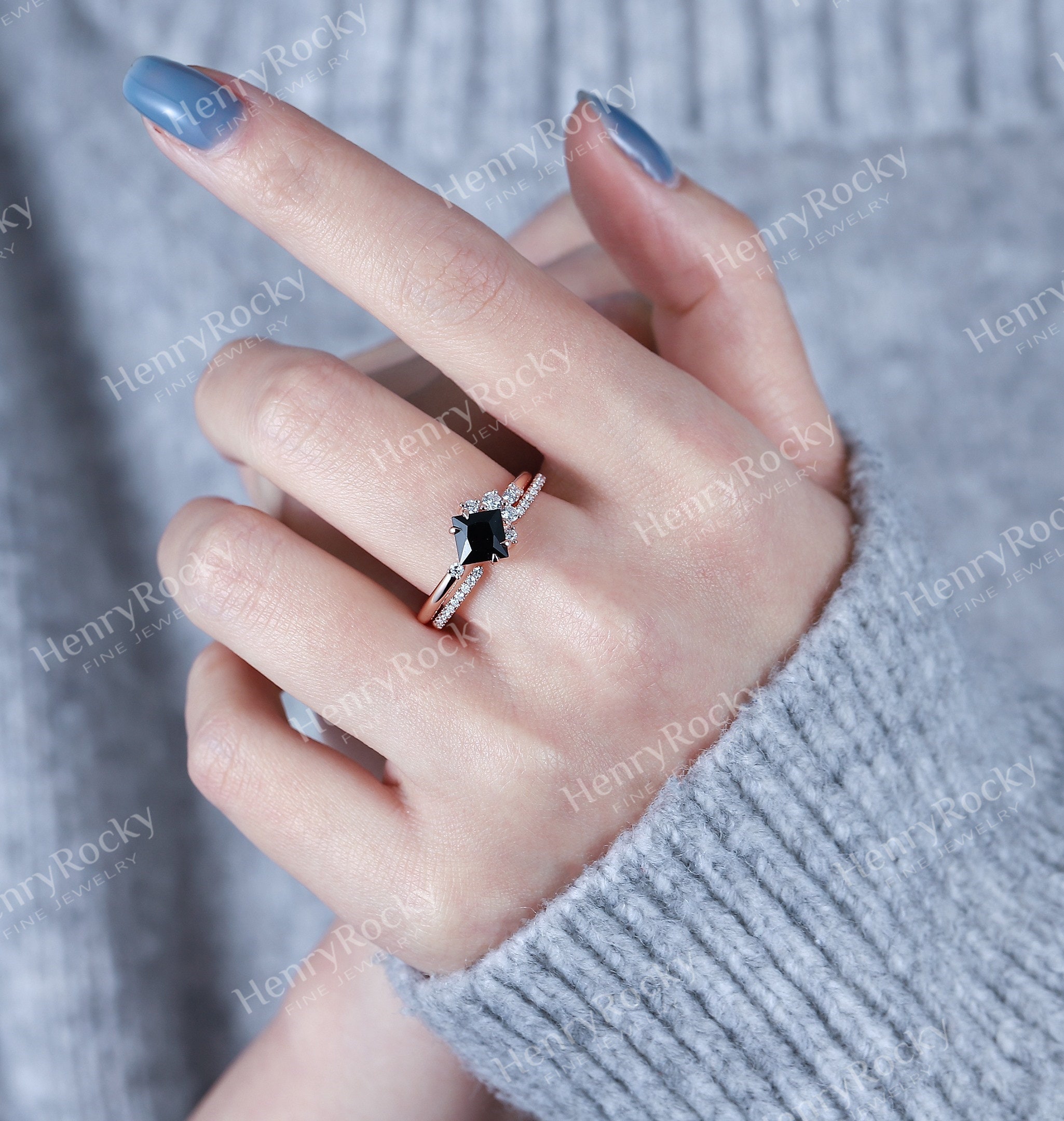 Princess Cut Black Onyx Engagement Ring Set Rose Gold Ring