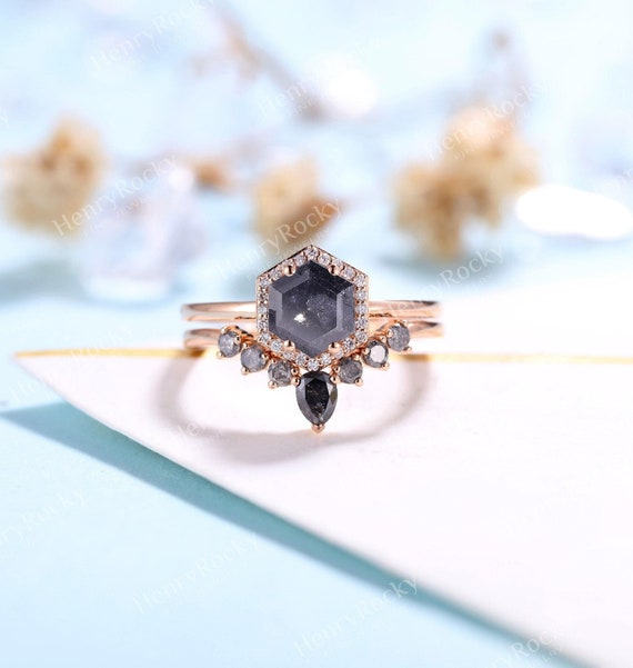 Salt and Pepper Diamond Engagement Ring set Rose gold Hexagon cut Curved wedding band Moissanite Halo Bridal set Anniversary promise ring