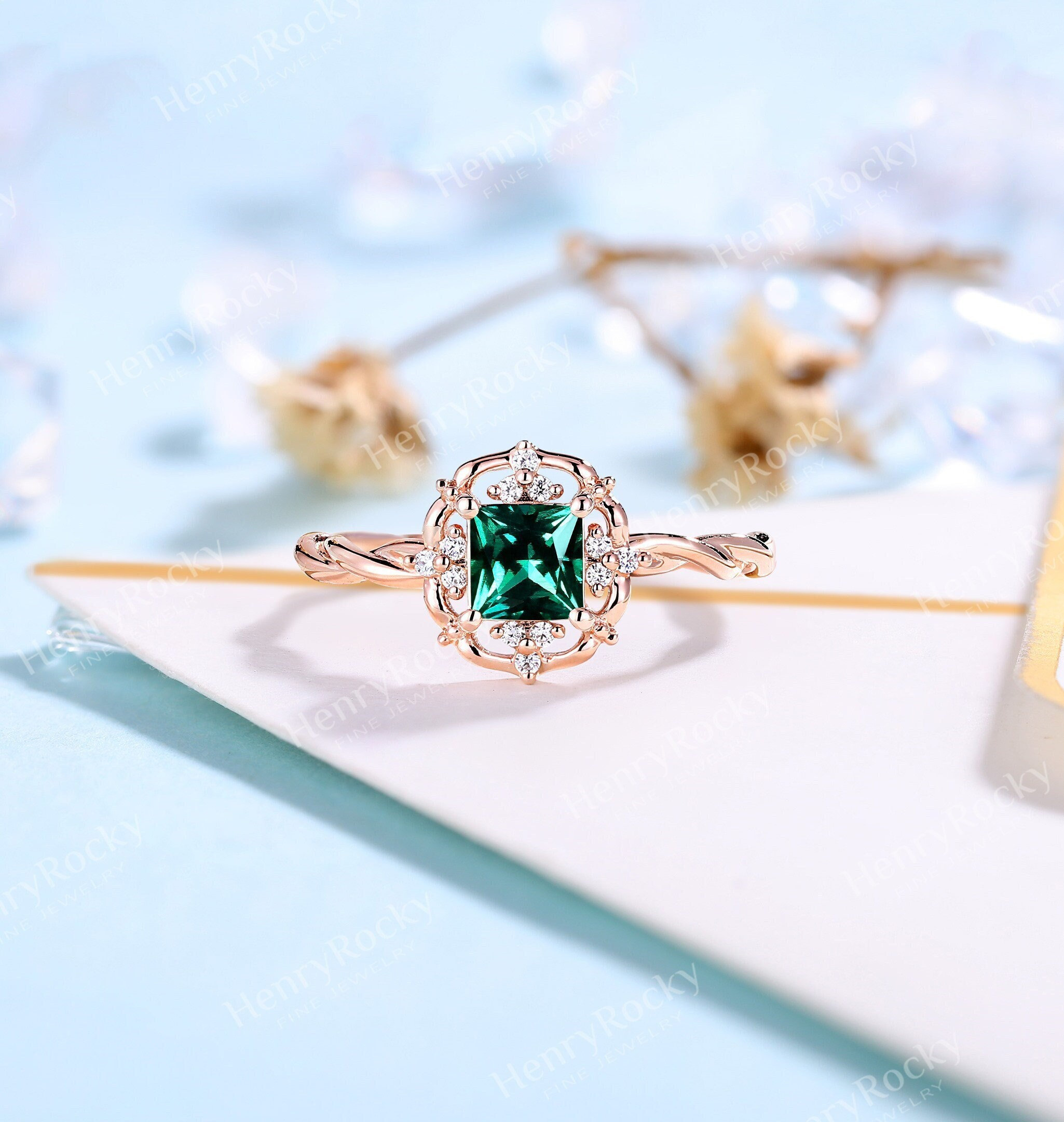 Lab emerald engagement ring princess cut rose gold full eternity twisted ring art deco natural diamond ring handmade anniversary bridal ring