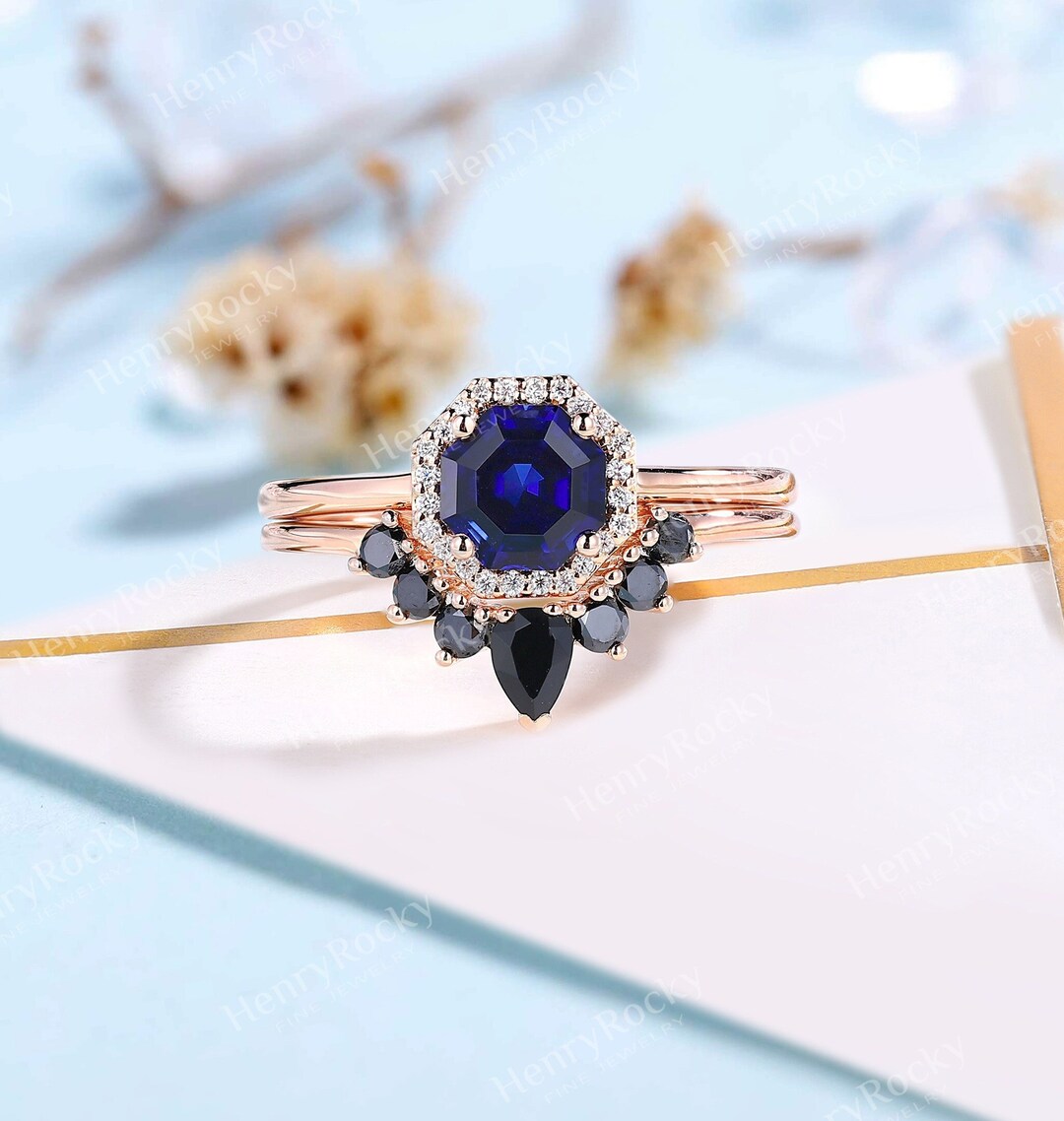 Octagon Shaped Lab Sapphire Engagement Ring Set Rose Gold Halo - Etsy