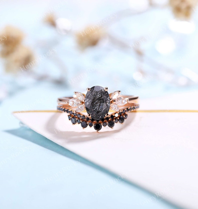 Black Rutilated Quartz Engagement Ring set Oval shaped Rose gold ring Art deco Black Diamond Curved Wedding band Anniversary Promise ring 