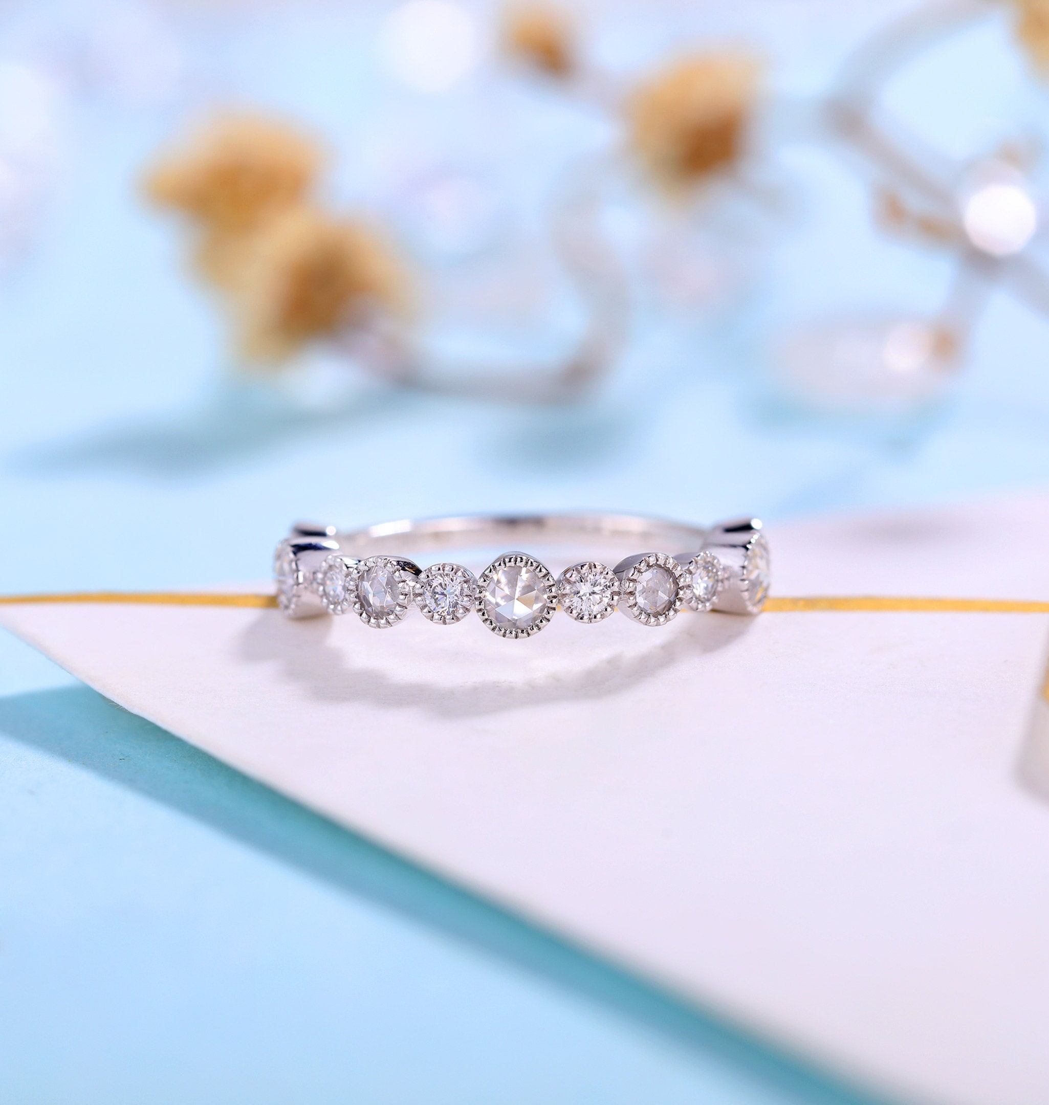 Diamond Wedding Band Women White Gold Band Unique Rose Cut Etsy