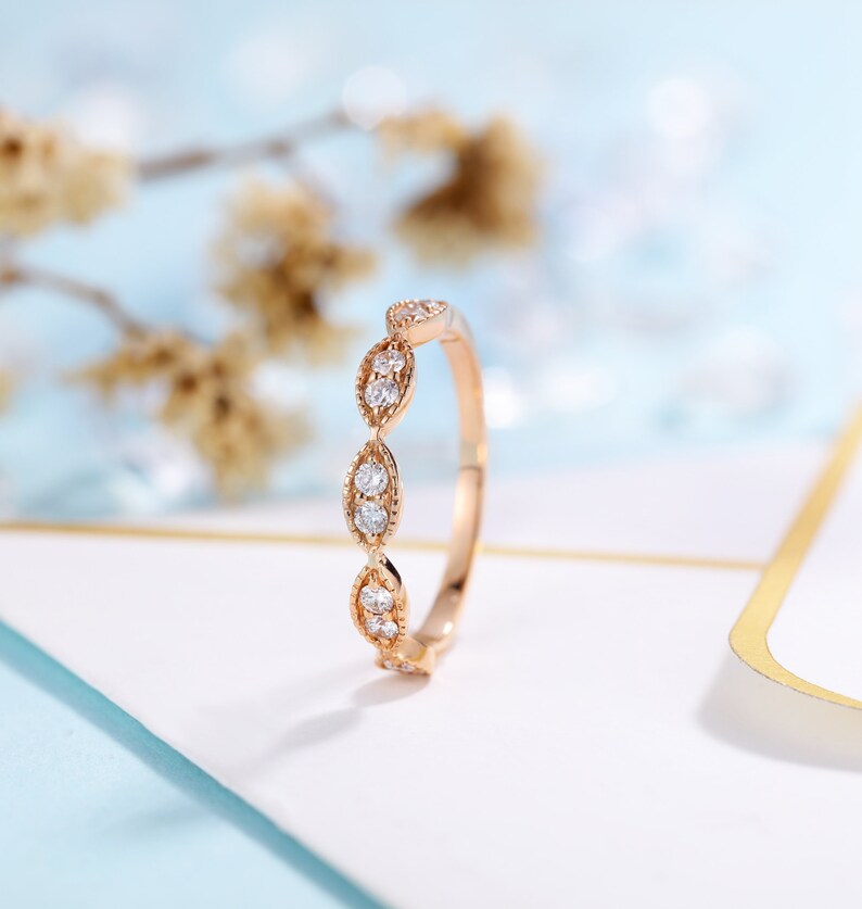 vintage milgrain stacking matching bridal jewelry promise ring anniversary gift for her DiamondMoissanite rose gold wedding band women