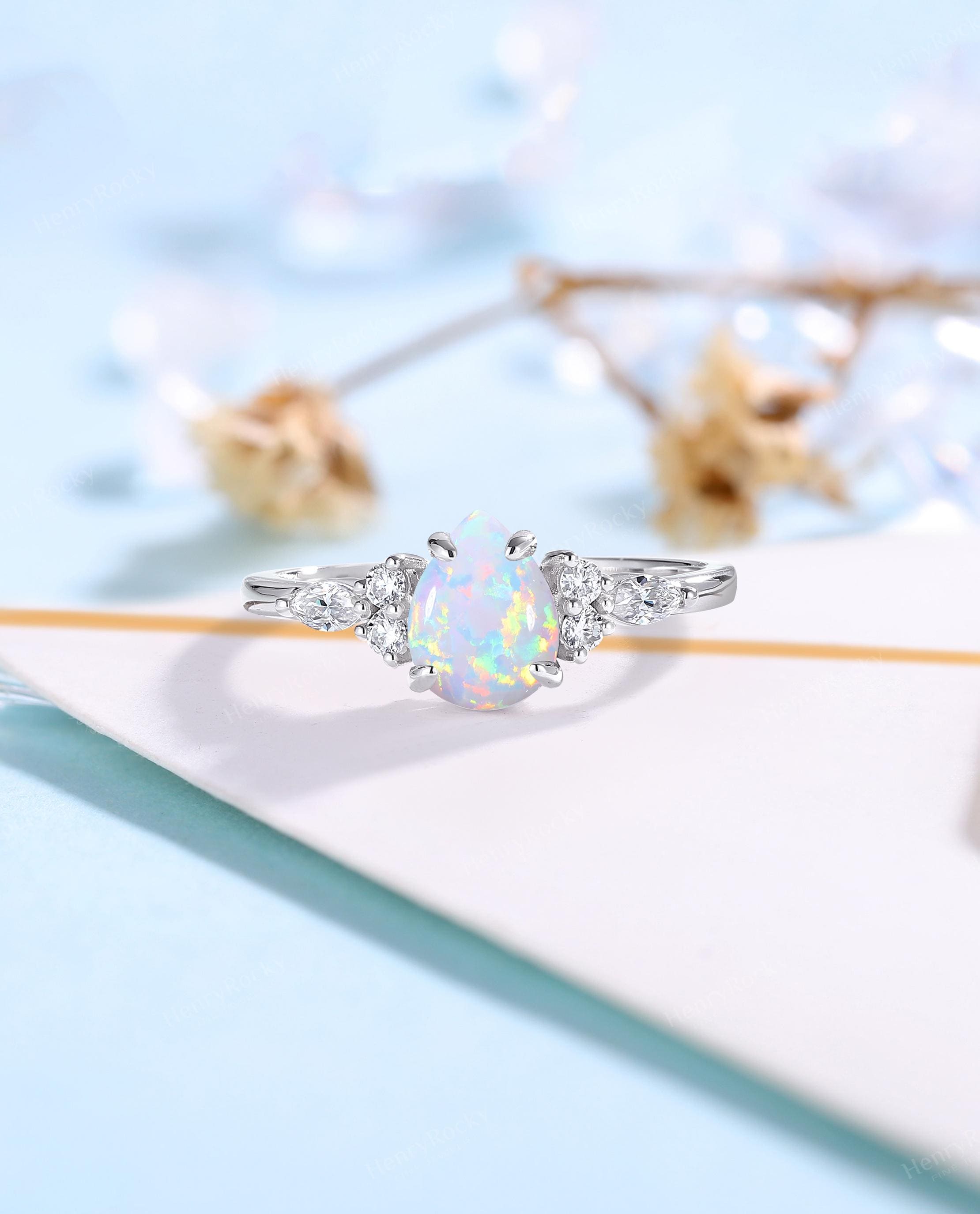 Vintage lab opal engagement ring pear shaped White gold ring Art deco wedding ring Prong set engagement ring Anniversargy ring Gift for her