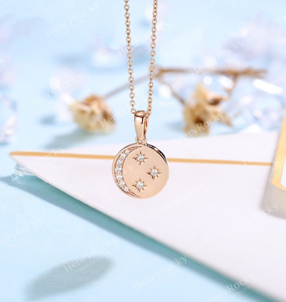 Delicate Crescent Moon Star Pendant Moissanite Necklace Rose Gold Necklace Engravable Pendant Charm Chain Daily Wearing Necklace Etsy