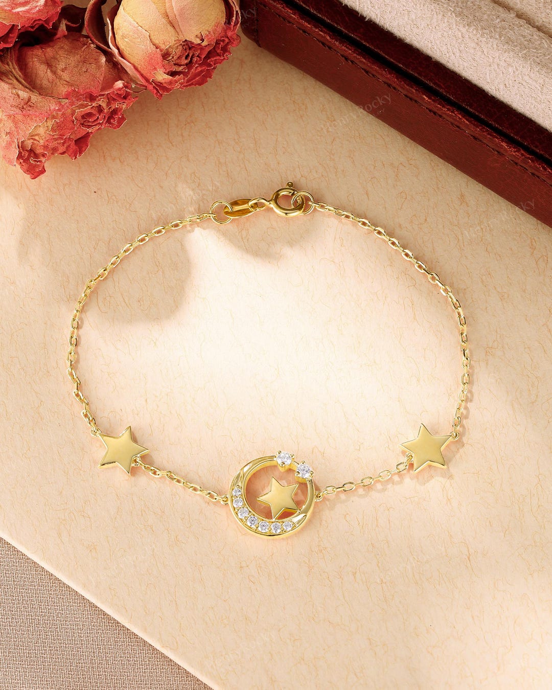 Delicate Moon & Star Bracelet - Rose Gold Bracelet, Birthday Gift