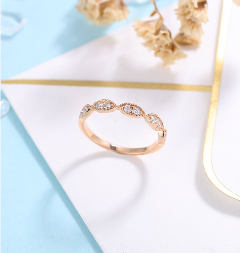 vintage milgrain stacking matching bridal jewelry promise ring anniversary gift for her DiamondMoissanite rose gold wedding band women