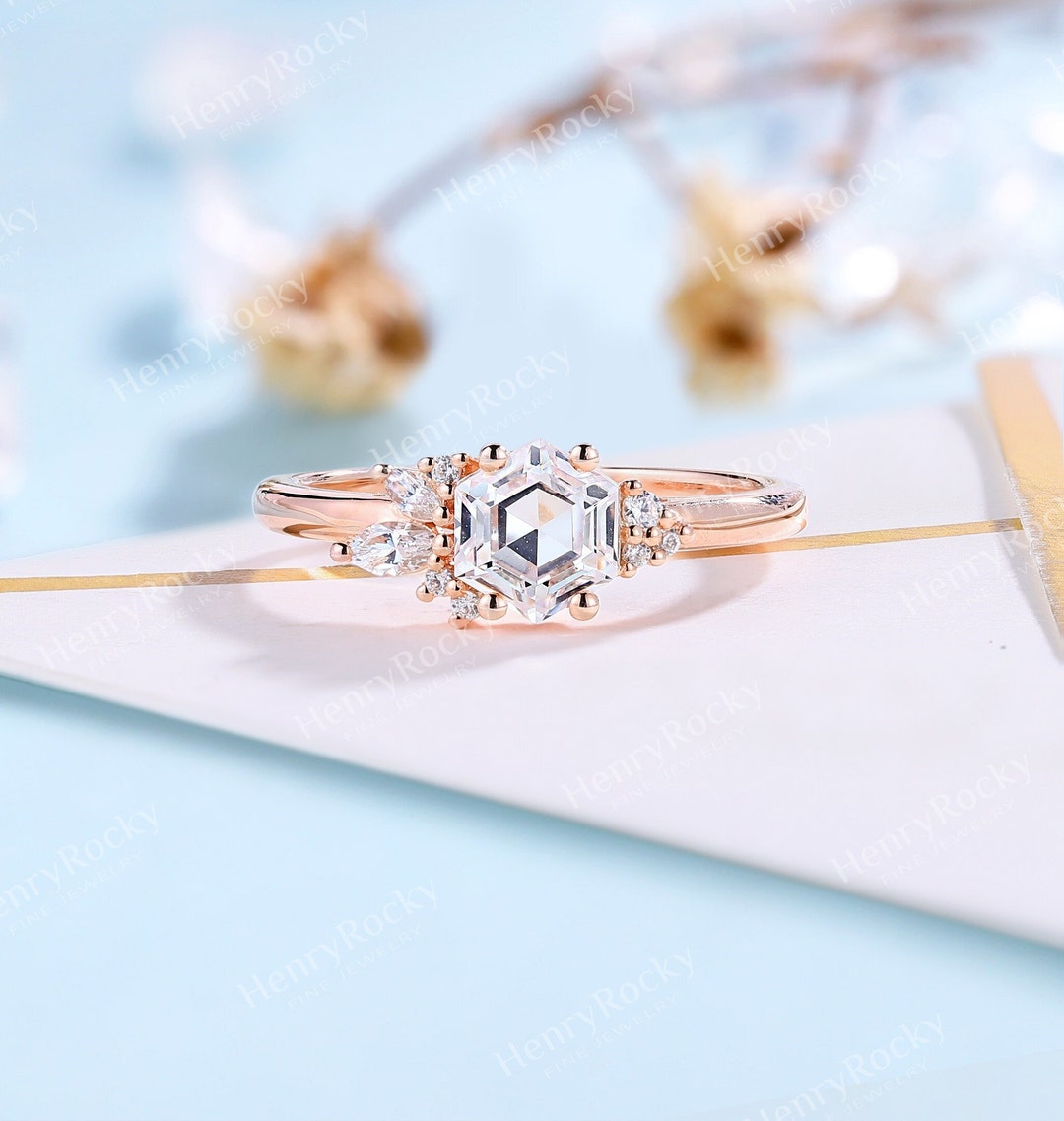 Art Deco Engagement Ring Hexagon Cut Moissanite Ring Rose