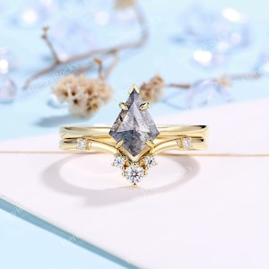 Salz und Pfeffer Diamant Verlobungsring Vintage Kite-Schliff Gelbgold Ring Moissanite Art-Deco-Ring Braut-Hochzeits-Set Jubiläumsring