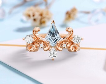 Sky Blue Topaz Engagement Ring - Moissanite Crown Ring, Filigree