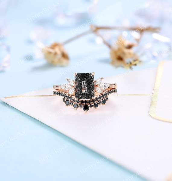 Black Rutilated Quartz Engagement Ring Set Black Diamond Wedding