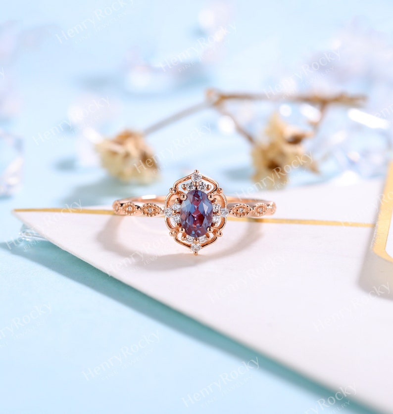 Vintage Alexandrite Engagement Ring Rose gold ring Moissanite wedding ring Diamond Bridal Unique Milgrain Art deco ring Anniversary ring