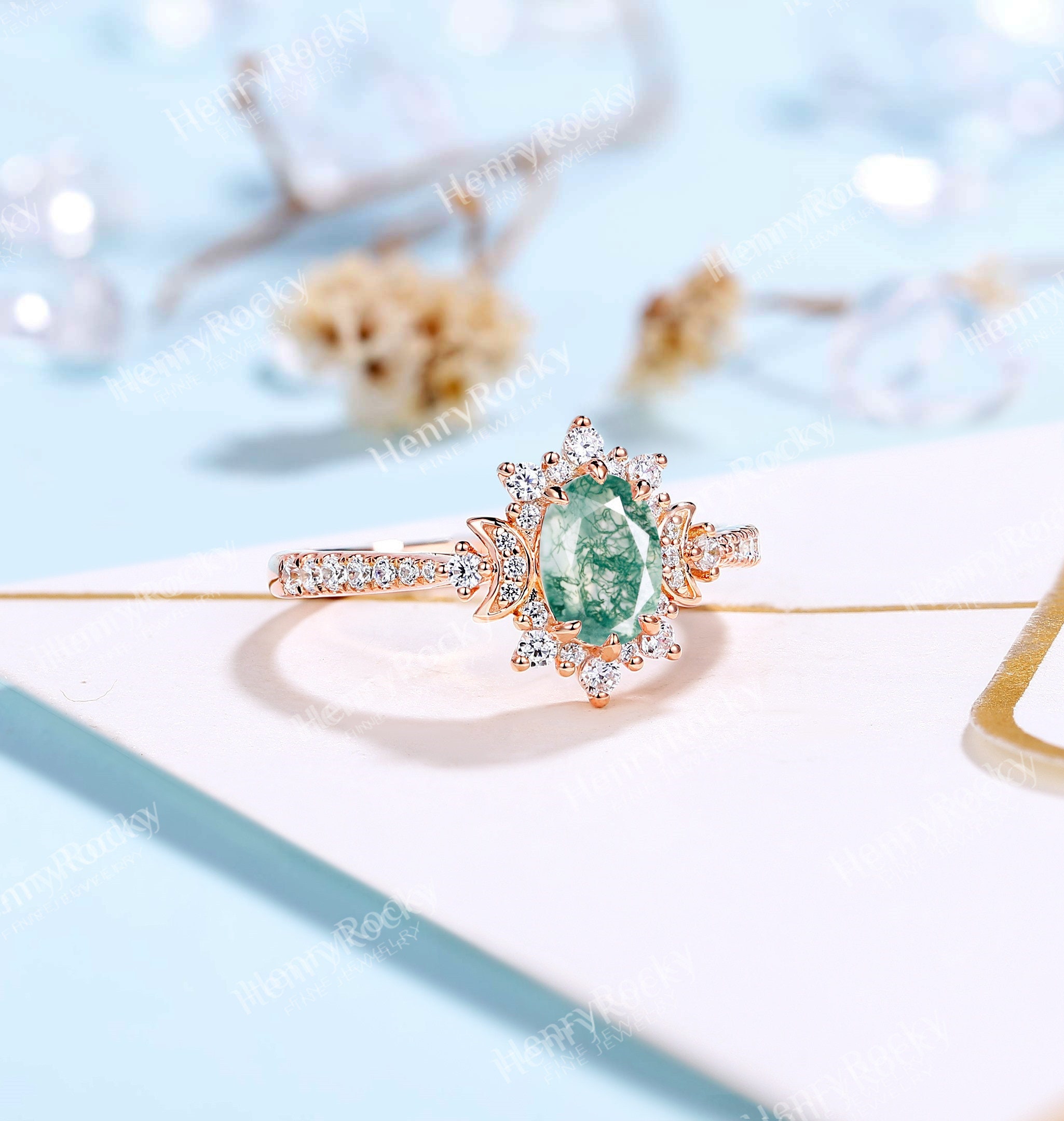 Oval Shape Moss Agate Engagement Ring Rose Gold Half Moon Ring - Etsy