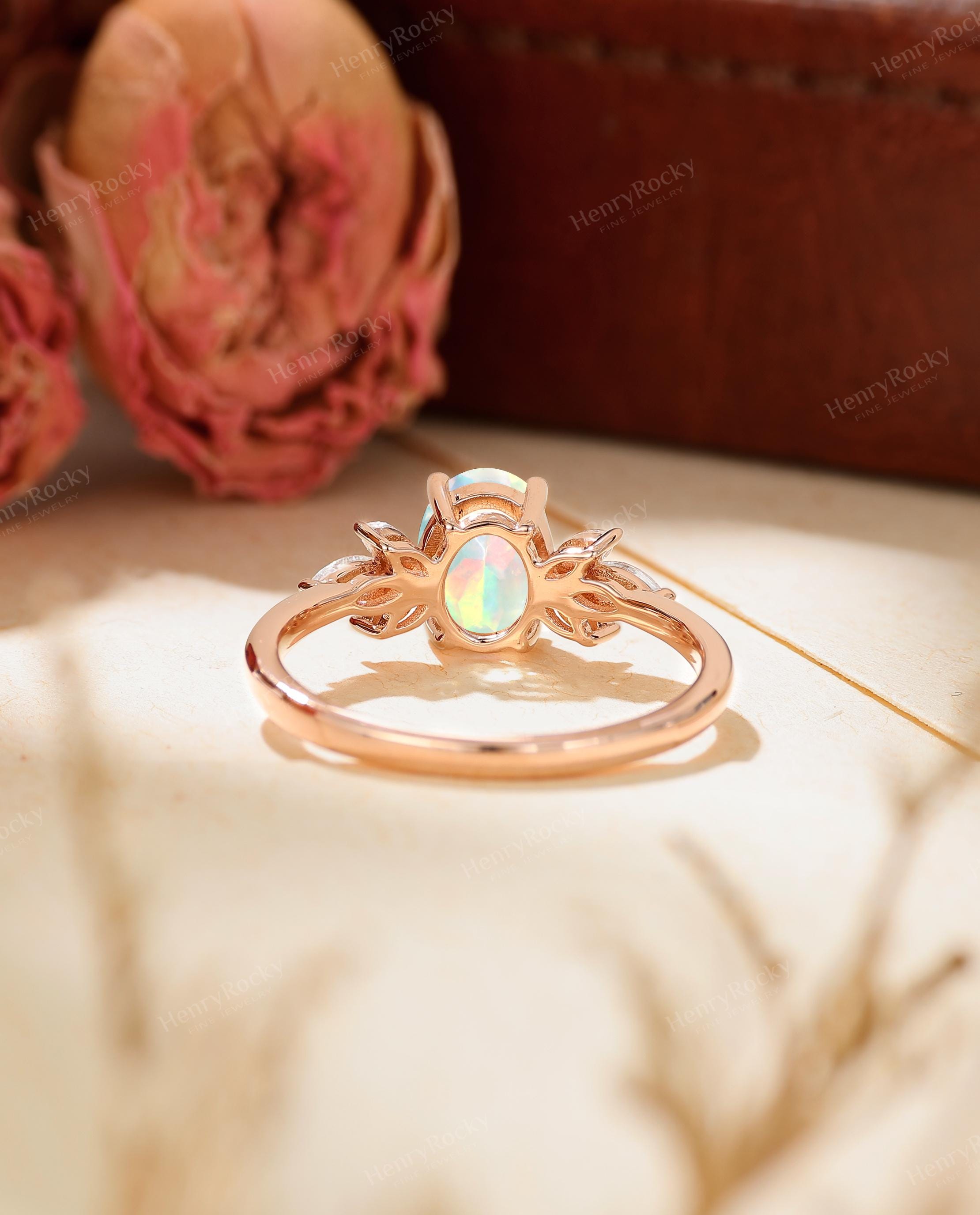 Opal Engagement Ring - Moissanite Bridal Ring, Art Deco Promise