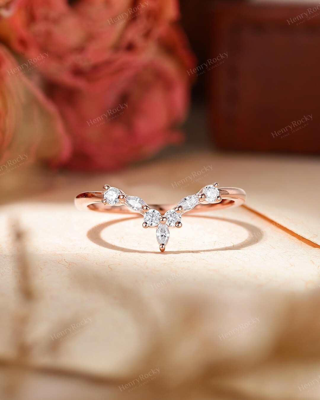 Curved Wedding Band - Moissanite Rose Gold Ring, Classic Chevron Ring ...