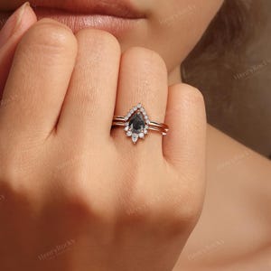 Conjunto de anéis de noivado - Conjunto de alianças com diamantes sal e pimenta, aliança curva da HENRYROCKY imagem 2