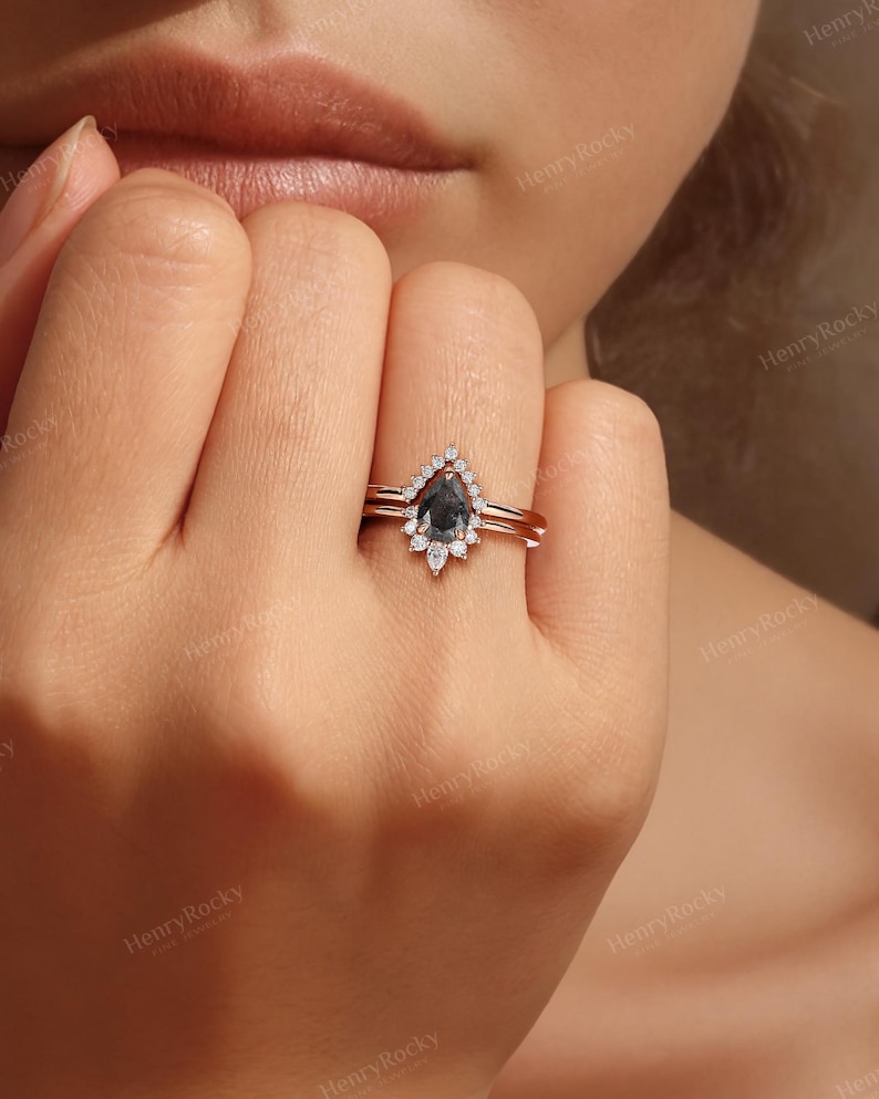 Conjunto de anéis de noivado - Conjunto de alianças com diamantes sal e pimenta, aliança curva da HENRYROCKY imagem 2