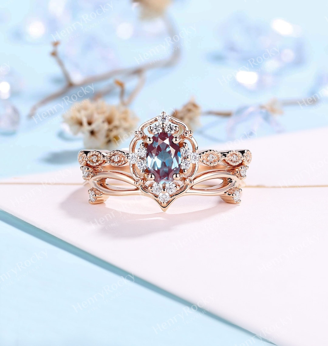 Vintage Oval Shaped Lab Alexandrite Engagement Ring Set Rose Gold