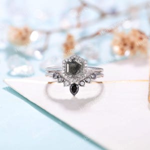 Salt and Pepper Diamond Engagement Ring set Rose gold Hexagon cut Curved wedding band Moissanite Halo Bridal set Anniversary promise ring image 7