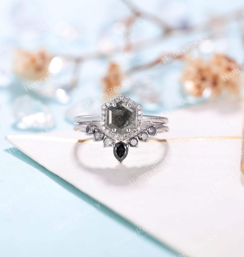 Salt and Pepper Diamond Engagement Ring set Rose gold Hexagon cut Curved wedding band Moissanite Halo Bridal set Anniversary promise ring image 7