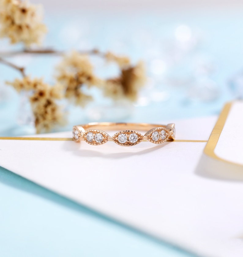 vintage milgrain stacking matching bridal jewelry promise ring anniversary gift for her DiamondMoissanite rose gold wedding band women