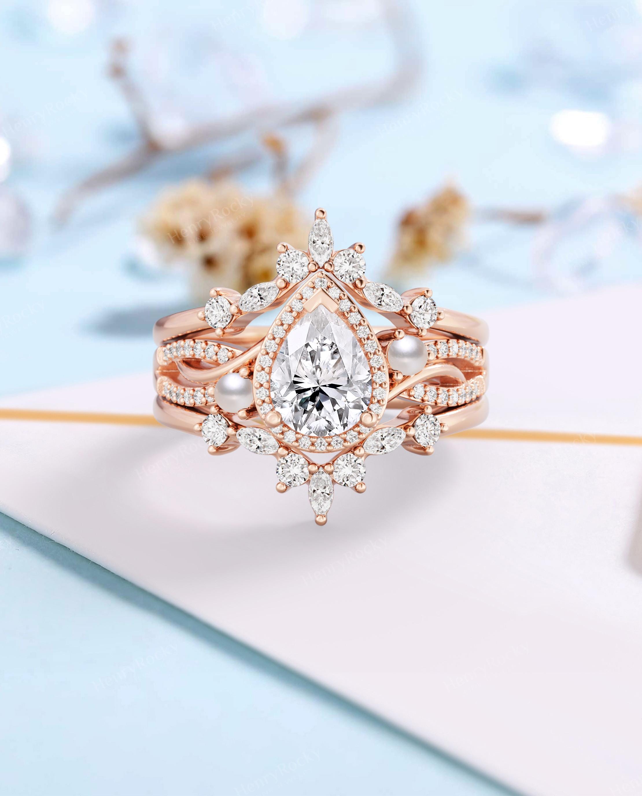 Moissanite & Pearl Bridal Ring Set - Rose Gold Halo Engagement