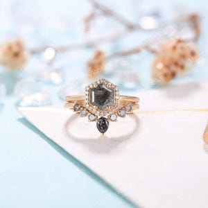 Salt and Pepper Diamond Engagement Ring set Rose gold Hexagon cut Curved wedding band Moissanite Halo Bridal set Anniversary promise ring image 6
