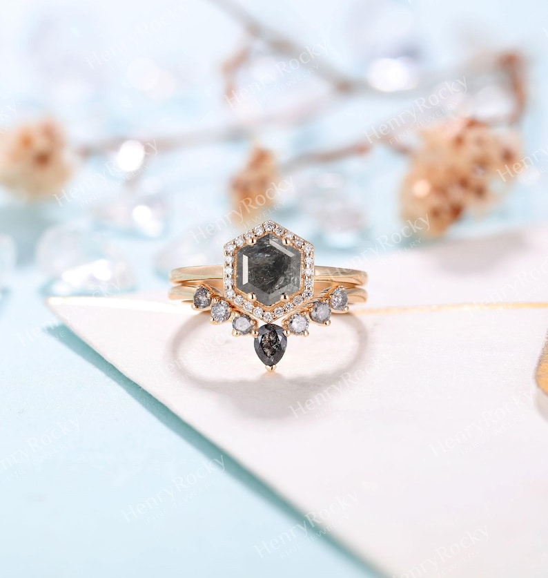 Salt and Pepper Diamond Engagement Ring set Rose gold Hexagon cut Curved wedding band Moissanite Halo Bridal set Anniversary promise ring image 6