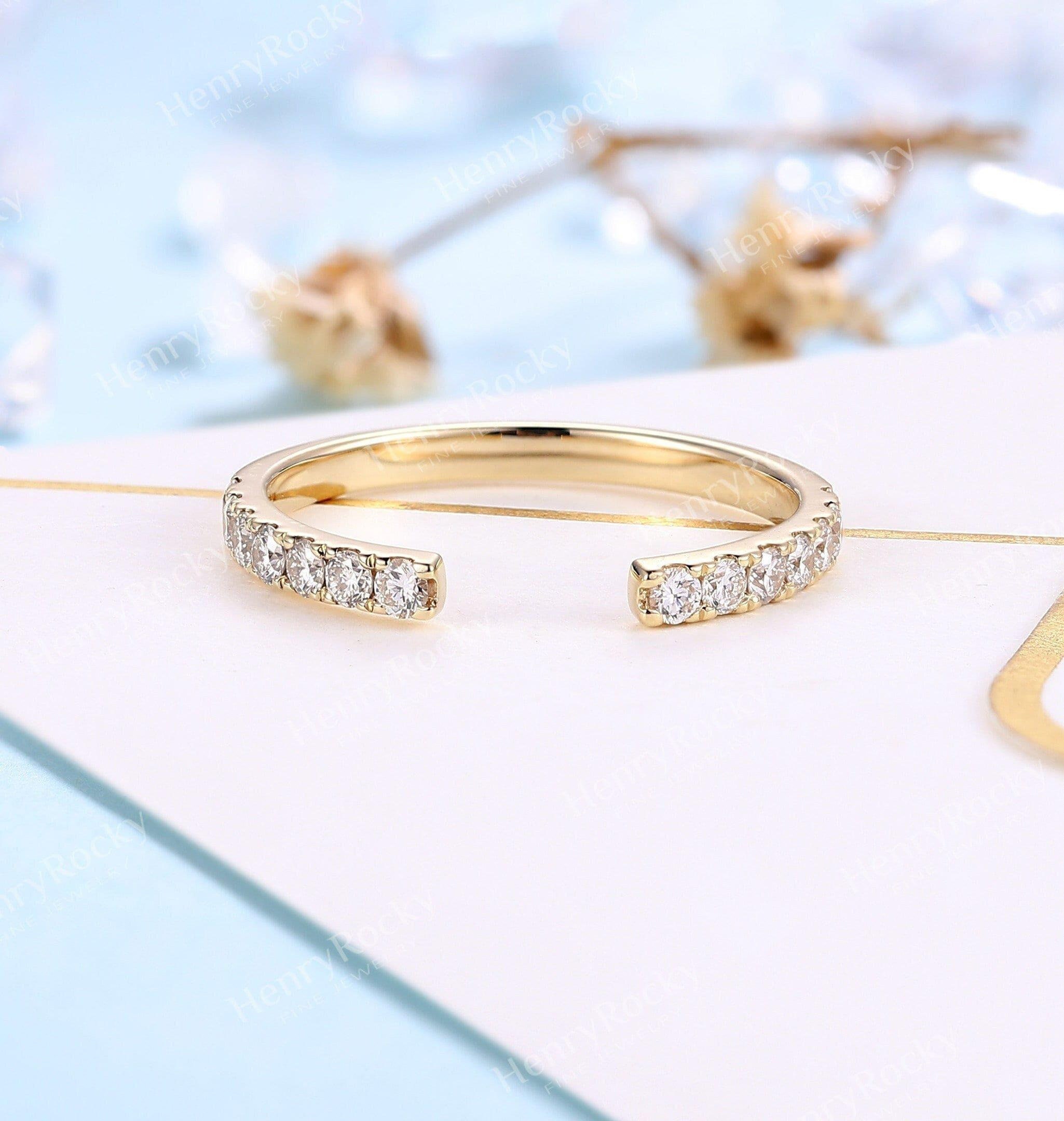 Vintage open wedding band - moissanite diamond pave Band in 14K rose gold | half eternity band Stackable Matching Ring promise Wedding ring