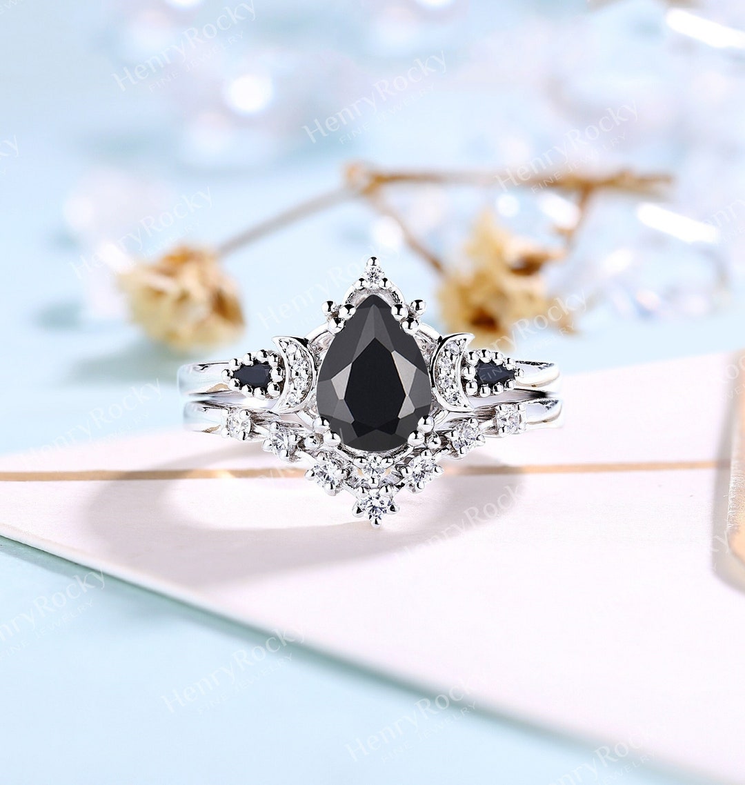 「エフィー」リング Vintage Black Onyx Engagement Ring Set White Gold Art Deco