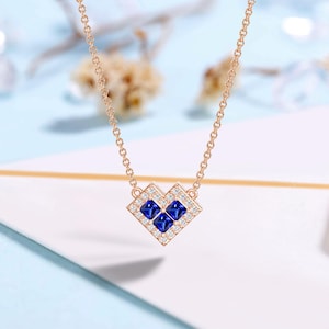 Mosaic Block Heart Design Necklace - Princess Cut Sapphire with Moissanite Halo in 14k Gold - Dainty Geometric Fashion Jewelry Gift For Her