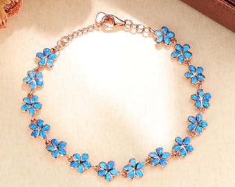 Blue Opal Flower Bracelet - Five-petal Link Chain, Cute Floral