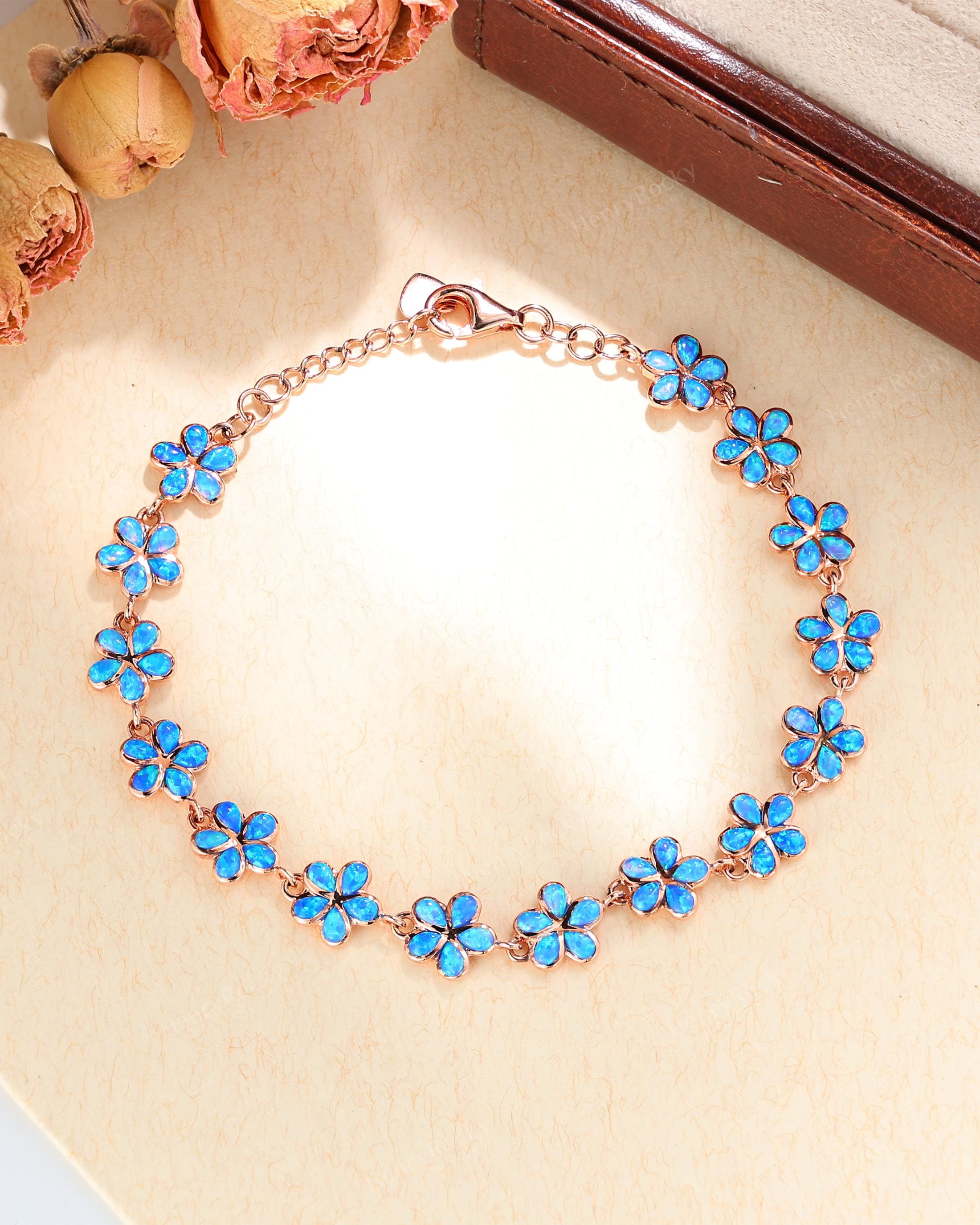 Blue Opal Flower Bracelet - Five-petal Link Chain, Cute Floral