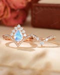 Moonstone Engagement Ring Set - Crown Rose Gold Bridal Set, Diamond Twisted Ring, Curved Wedding Band, Moissanite Promise Ring by HENRYROCKY