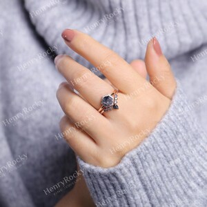 Salt and Pepper Diamond Engagement Ring set Rose gold Hexagon cut Curved wedding band Moissanite Halo Bridal set Anniversary promise ring image 5